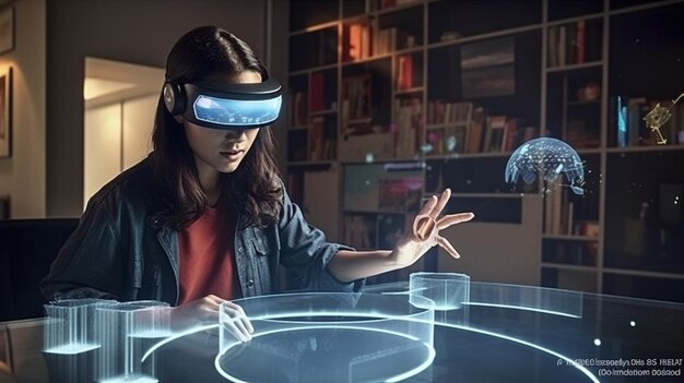 Mujer futurista inmersa en realidad virtual con interfaz holográfica y gafas AR