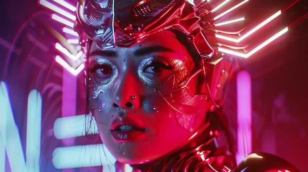 Mujer futurista con luces de neón en un entorno cyberpunk