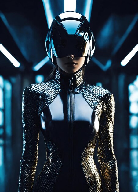 Mujer futurista en traje de látex negro de pie en un interior futurista