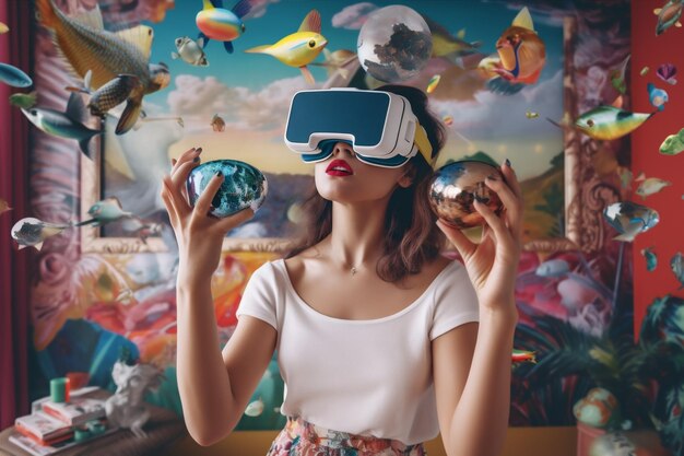 Mujer del futuro gafas de realidad virtual tecnología paisaje abstracto viajes digitales IA generativa