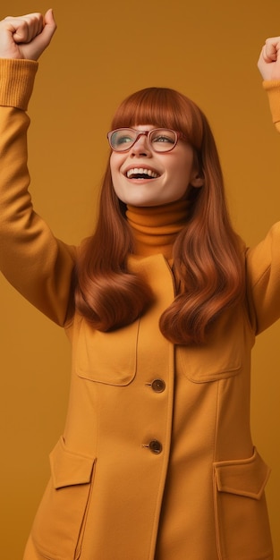 Una mujer con gafas y un abrigo amarillo sonríe y la palabra en la parte inferior derecha