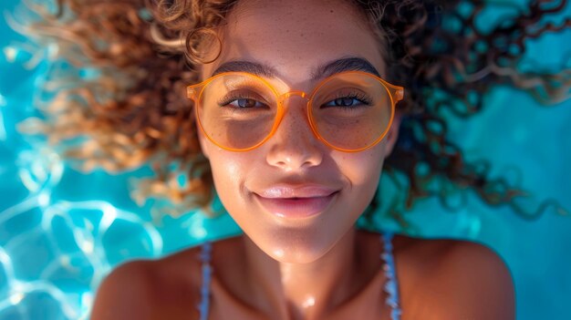 Foto mujer con gafas amarillas por pool generative ai