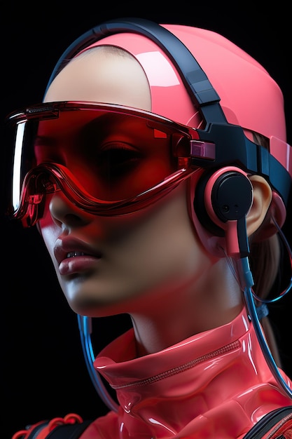 una mujer con gafas y auriculares de color rosa