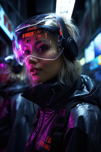 una mujer con gafas y auriculares futuristas