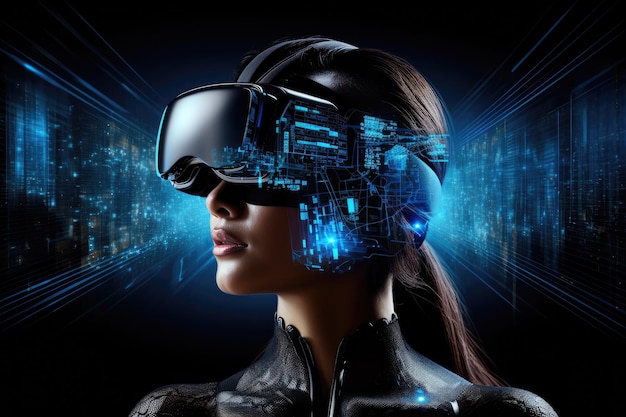 una mujer con gafas de auriculares de realidad virtual de tecnología futura en un fondo futurista