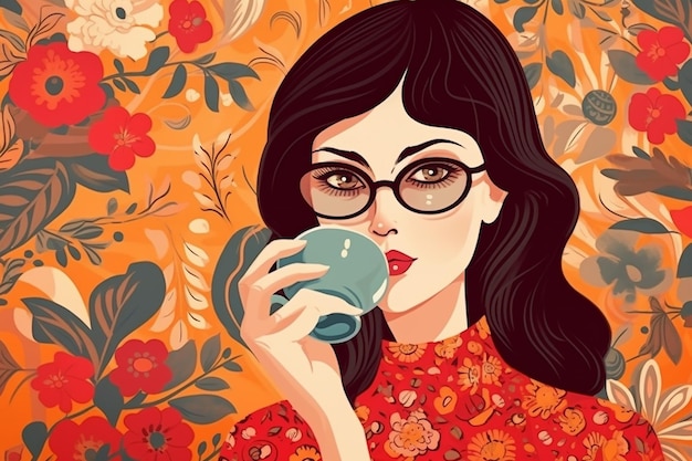 Una mujer con gafas bebiendo de una taza.