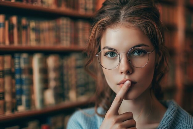 Foto una mujer con gafas está en una biblioteca y se cubre la boca con la mano