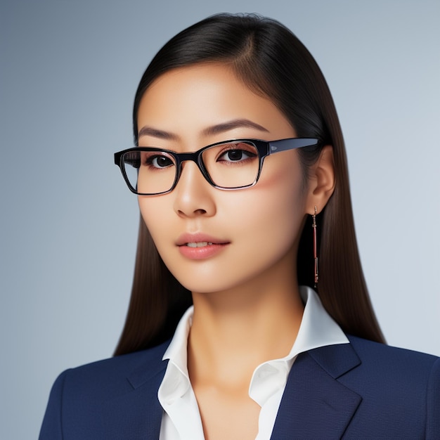 Una mujer con gafas y un blazer azul.