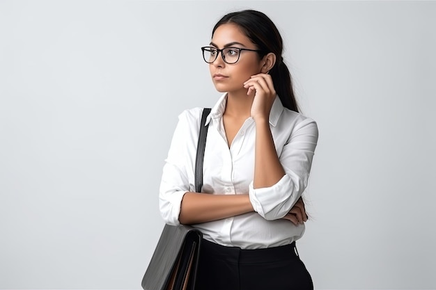 Una mujer con gafas y una bolsa en la mano