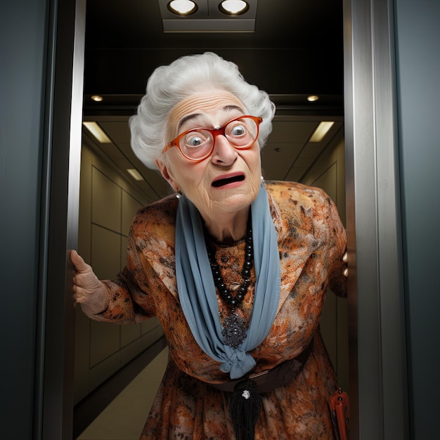 Foto una mujer con gafas y una bufanda está saliendo de una puerta