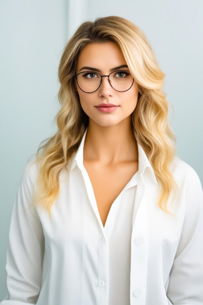 Una mujer con gafas y camisa blanca está posando para una foto AI generativa