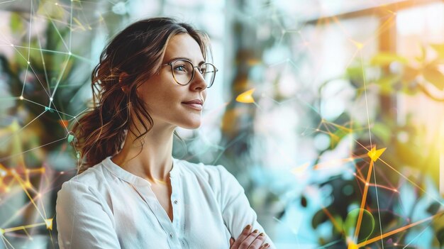 Foto una mujer con gafas y una camisa blanca de pie frente a una ventana con un fondo borroso