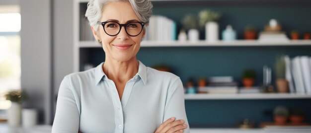 una mujer con gafas y una camisa con los brazos cruzados