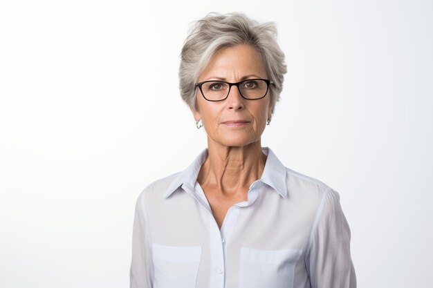 una mujer con gafas y una camisa con una camisa blanca