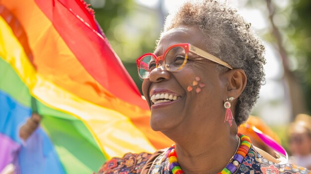 Foto una mujer con gafas y una camisa de color arco iris sonríe para la cámara