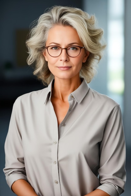 Mujer con gafas y camisa gris está posando para la foto IA generativa