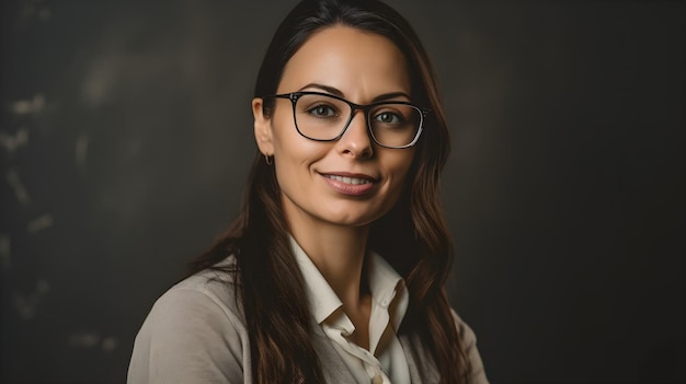 Una mujer con gafas y una camisa gris.