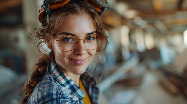 una mujer con gafas y una camisa con un par de gafas naranjas