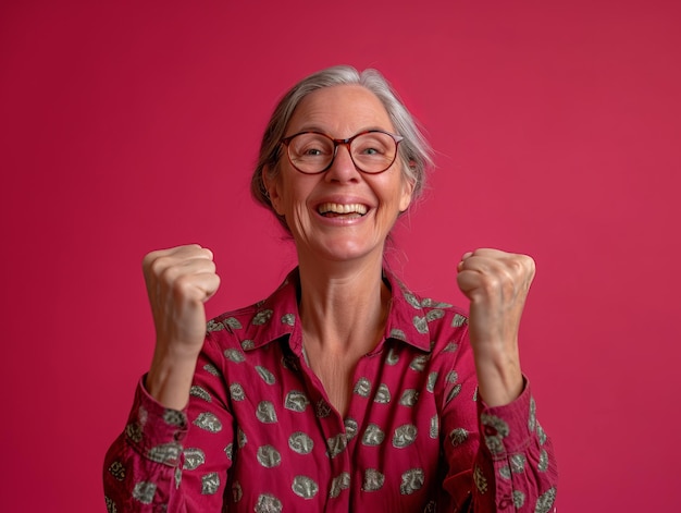 Una mujer con gafas y una camisa rosa levanta el puño.