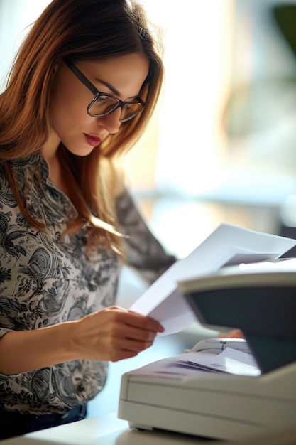 Foto una mujer con gafas se centra en leer un pedazo de papel esta imagen se puede usar para representar la concentración estudiando o trabajando en documentos importantes