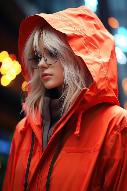 una mujer con gafas y una chaqueta roja