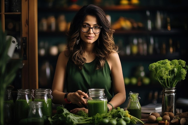 Foto mujer con gafas está combinando jugo verde en el mostrador de la cocina