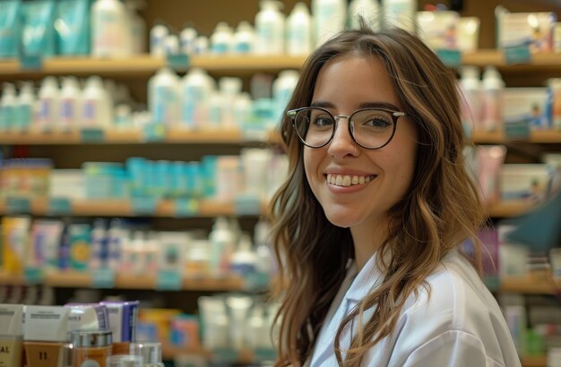 Foto mujer con gafas delante de una estantería