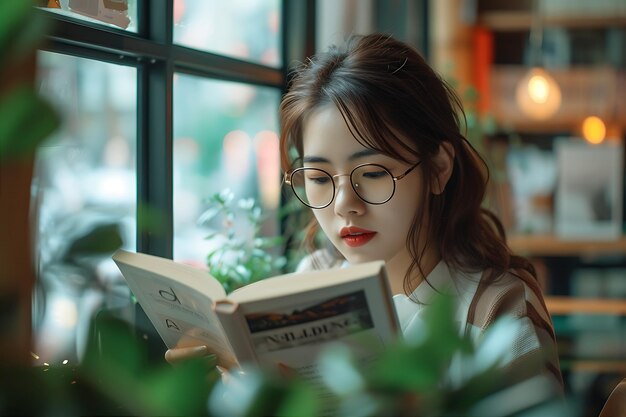 Foto mujer con gafas envuelta en un libro