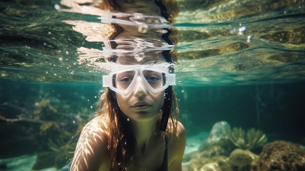 Una mujer con gafas está bajo el agua en el agua.