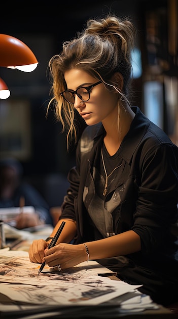 una mujer con gafas está escribiendo en un mostrador con un micrófono
