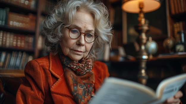 Una mujer con gafas está leyendo un libro.