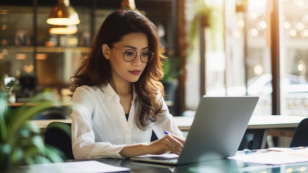 una mujer con gafas está mirando una computadora portátil con un marcador negro en la mano