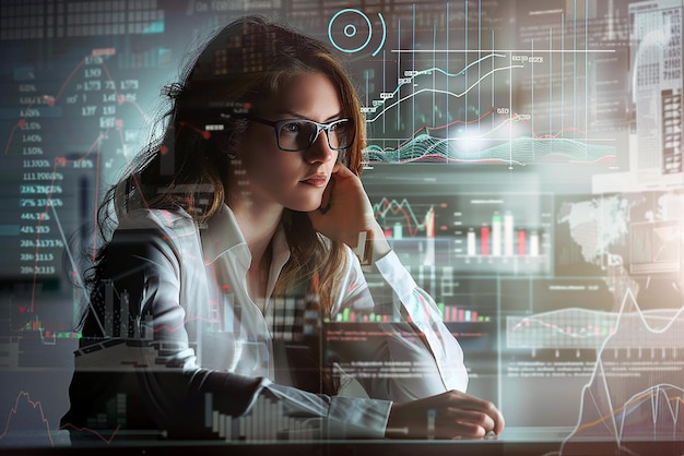 una mujer con gafas está mirando una computadora portátil con una mujer en el fondo
