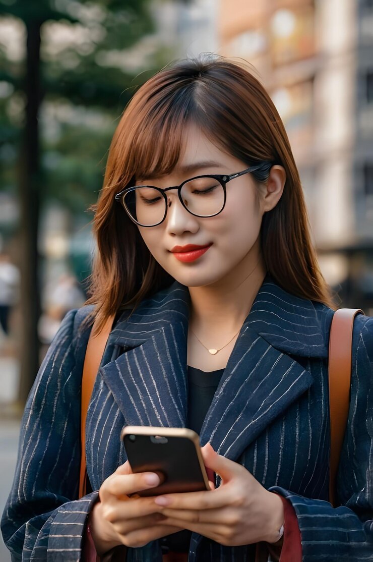 una mujer con gafas está mirando un teléfono
