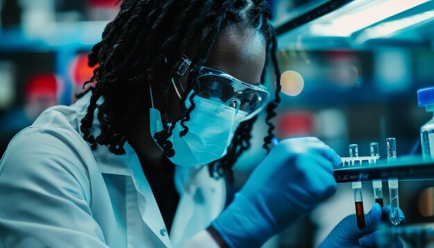 Una mujer con gafas está mirando a través de un microscopio