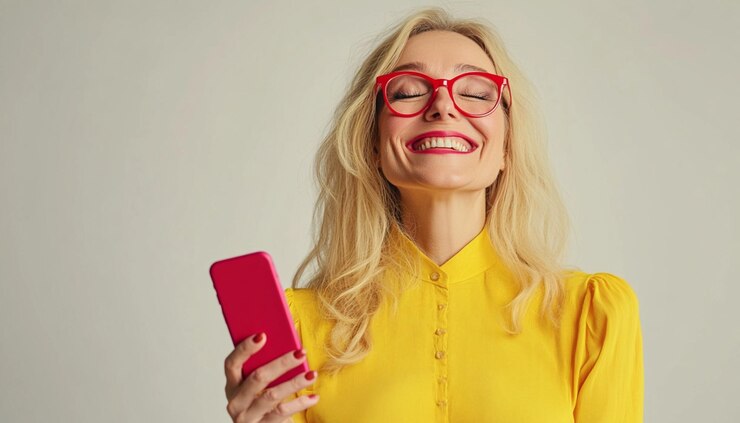 una mujer con gafas está sosteniendo un teléfono rojo con marcos rojos