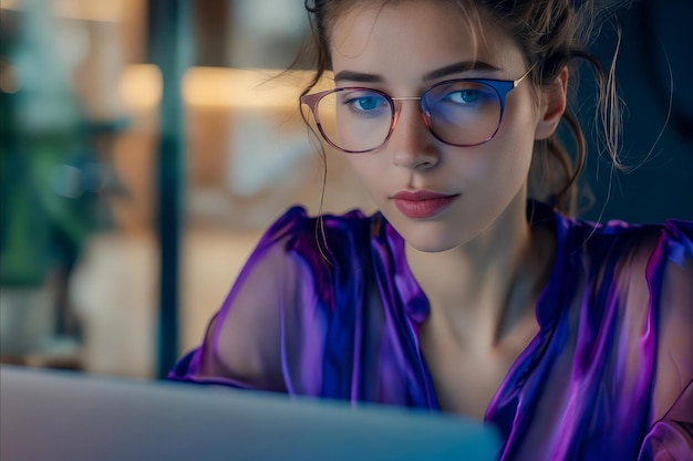 Una mujer con gafas está trabajando en su portátil