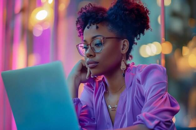 Una mujer con gafas está trabajando en su portátil