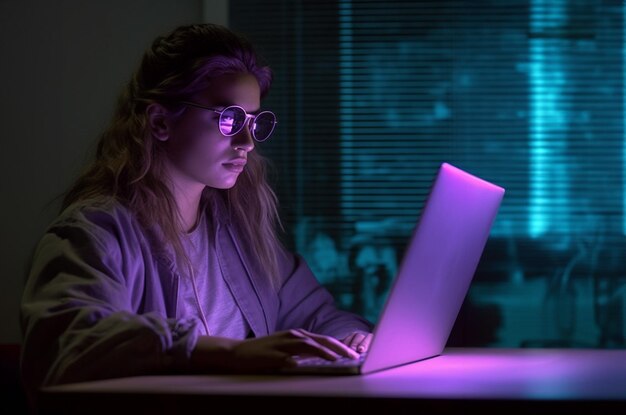 una mujer con gafas está usando una computadora portátil