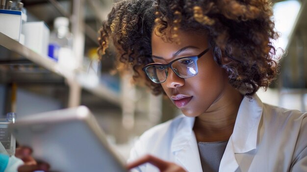 una mujer con gafas está usando una computadora tablet