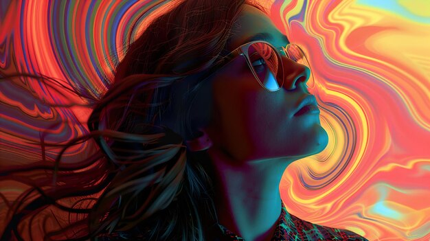 una mujer con gafas está usando un fondo colorido