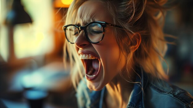 Una mujer con gafas expresando ira o frustración gritando y haciendo una expresión facial exagerada