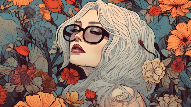 Una mujer con gafas y un fondo de flores.