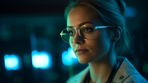 Una mujer con gafas se para frente a una luz de neón.