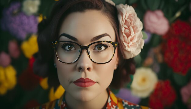 Una mujer con gafas se para frente a un telón de fondo de flores.