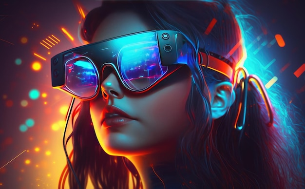 Una mujer con gafas futuristas con la palabra cyberpunk en la parte inferior.