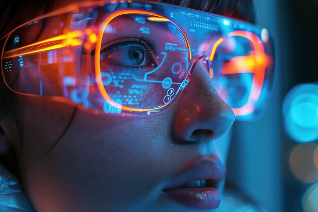 Mujer con gafas futuristas que muestran datos digitales Desarrollo de realidad aumentada Tecnología de la moda