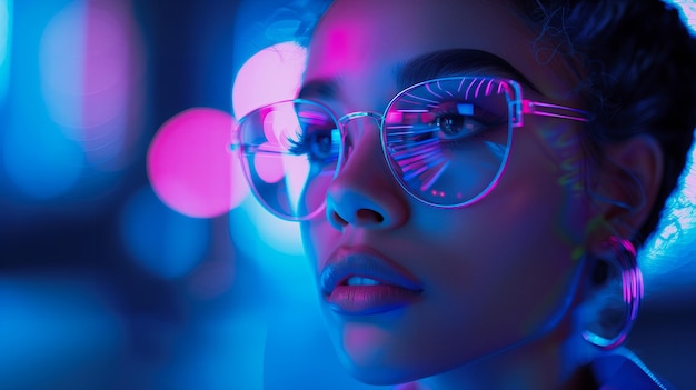 Mujer con gafas futuristas renderización en 3D