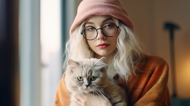 Una mujer con gafas y un gato en el hombro