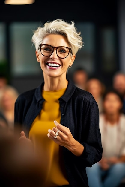 Mujer con gafas hablando con un grupo de personas en una sala de conferencias IA generativa